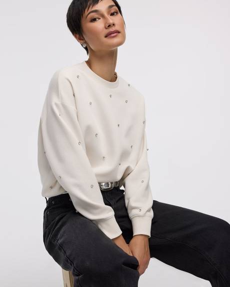 Long-Sleeve Crew-Neck Fleece Sweatshirt with Rhinestones
