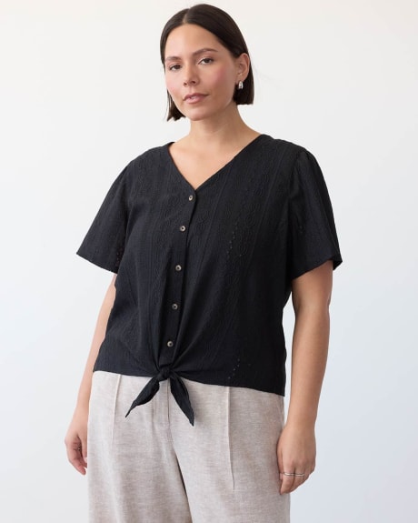 Short-Flutter-Sleeve Buttoned-Down Tee with Self-Tie at Hem
