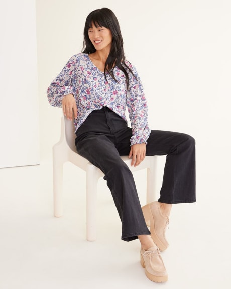 Long-Sleeve V-Neck Top with Buttoned Front