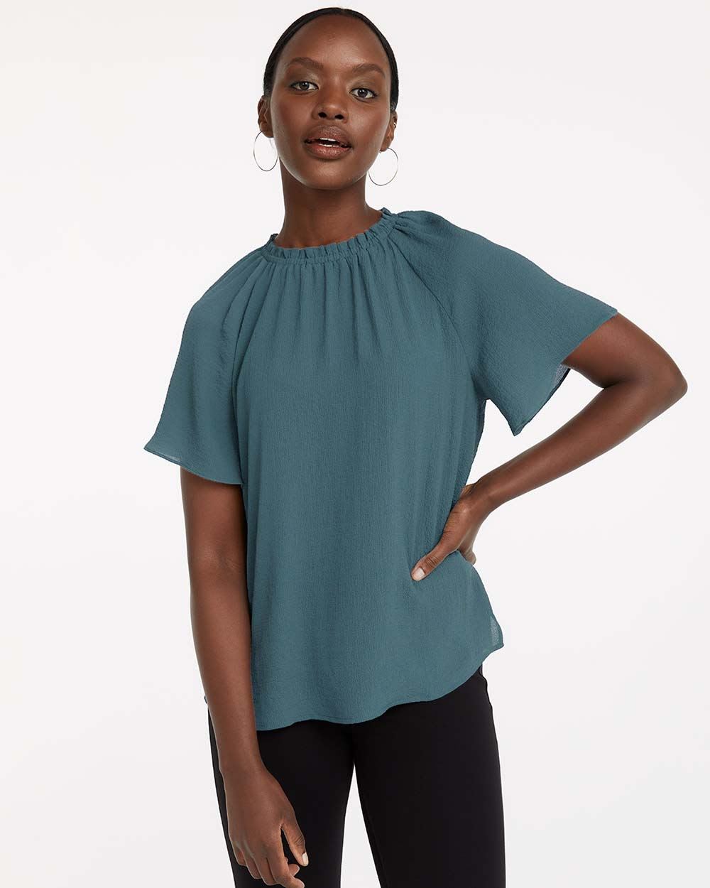 Solid Mock-Neck Blouse with Flutter Sleeves