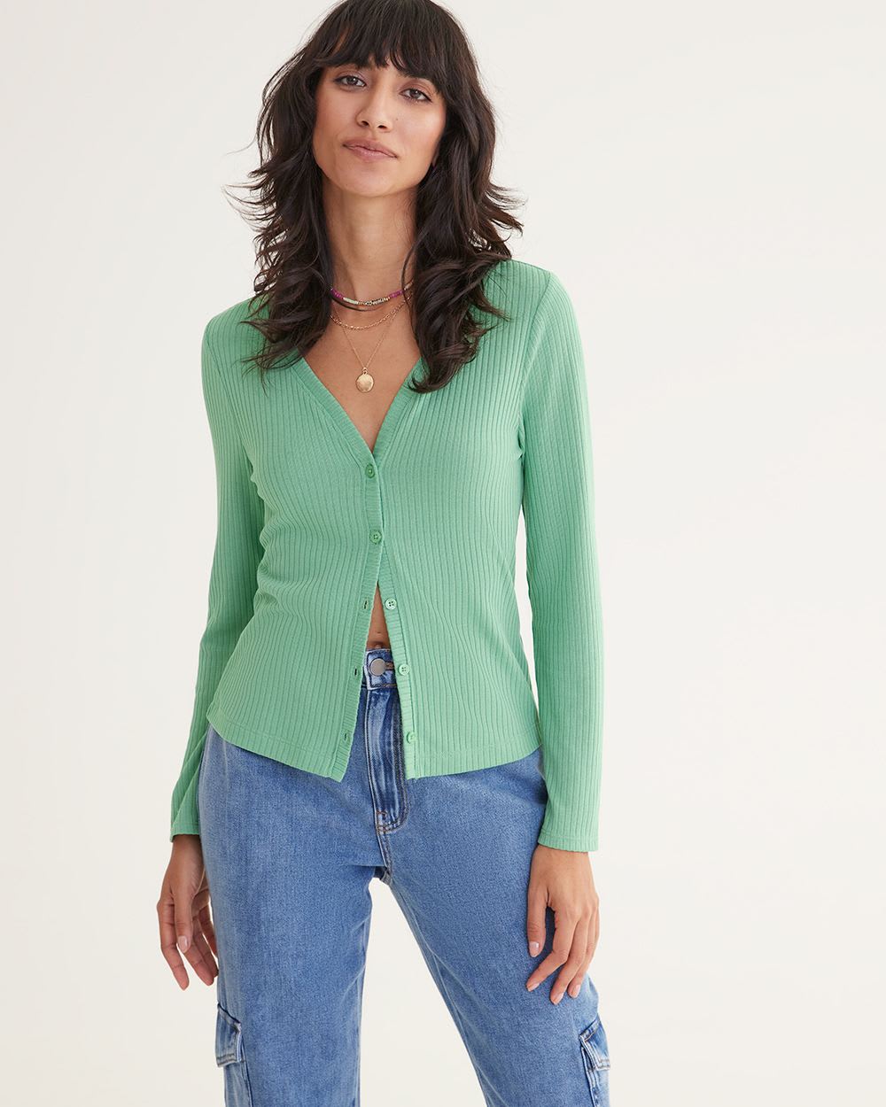 Long-Sleeve Buttoned-Down Ribbed Cardigan