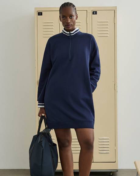 Long-Sleeve Half-Zip Mock-Neck Fleece Dress - Hyba