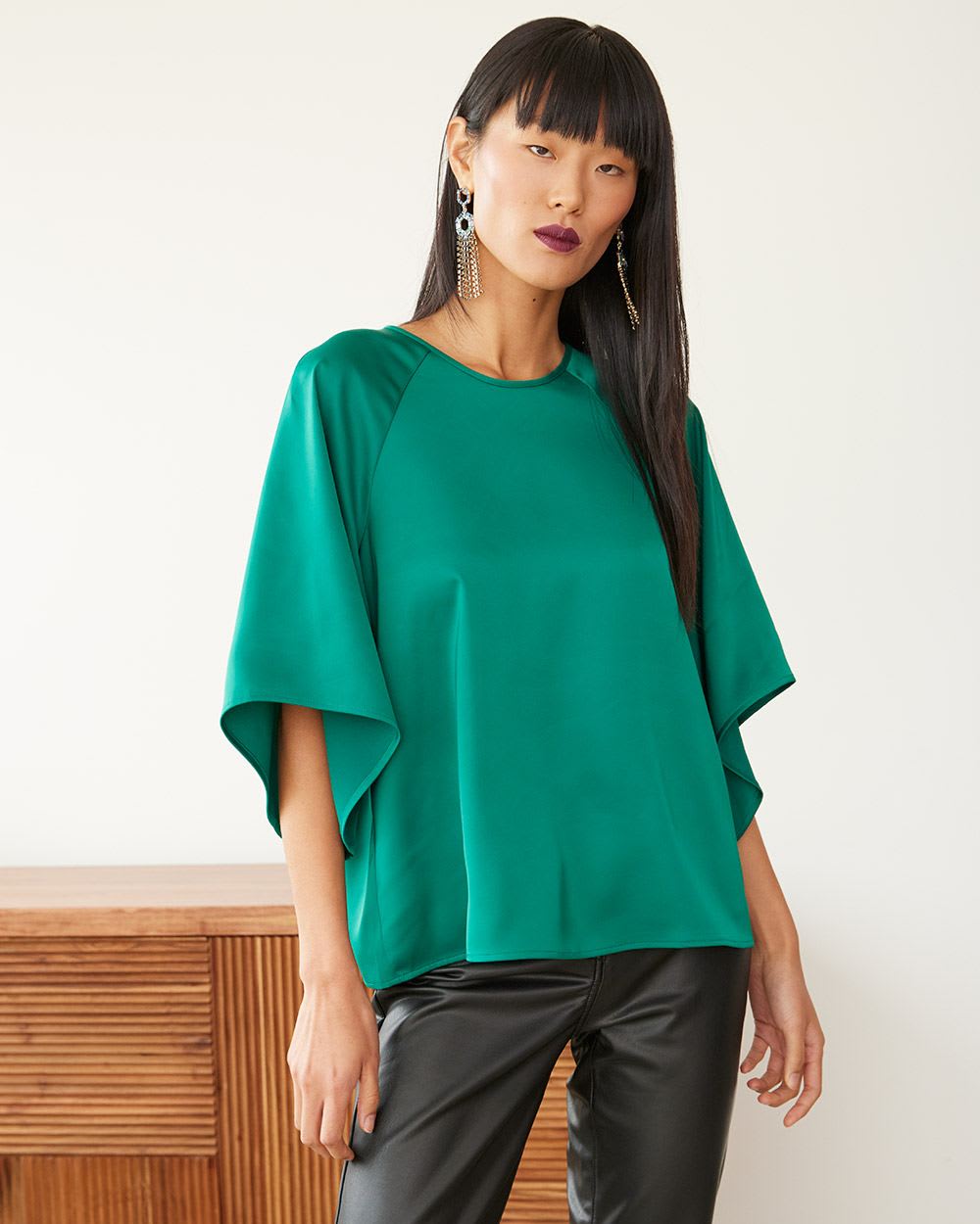Crew-Neck Blouse with Elbow Flutter Sleeves