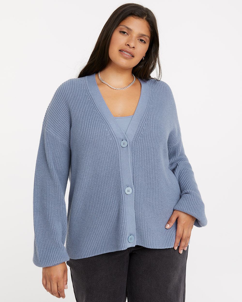Buttoned-Down Short Cardigan with Balloon Sleeves, R Essentials