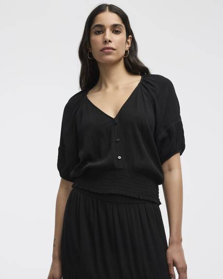 Short-Puffy-Sleeve Top with V Neckline