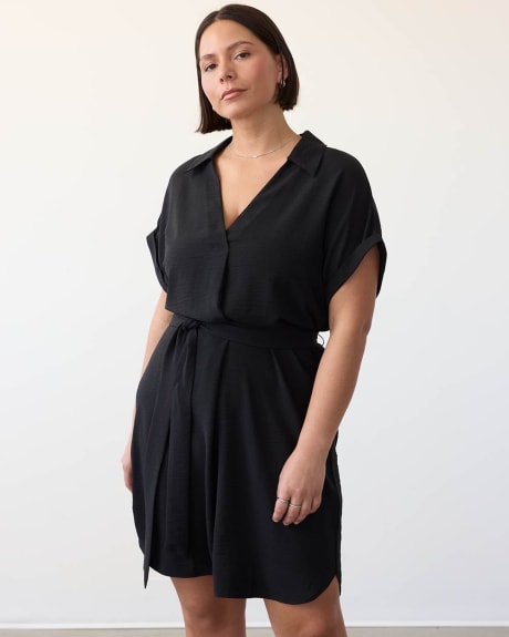 Short-Sleeve Shift Dress with Johnny Collar