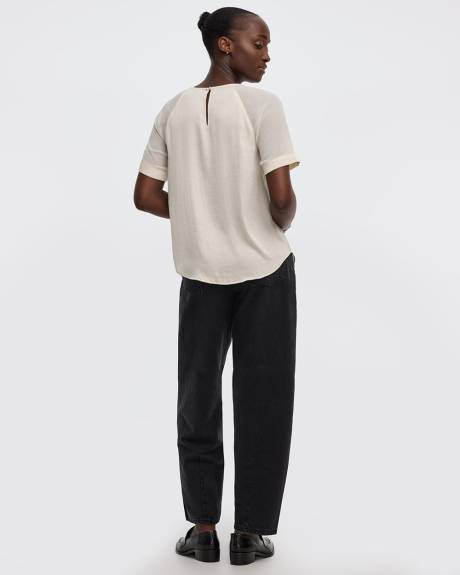 Blouse bimatière à manches courtes et col rond