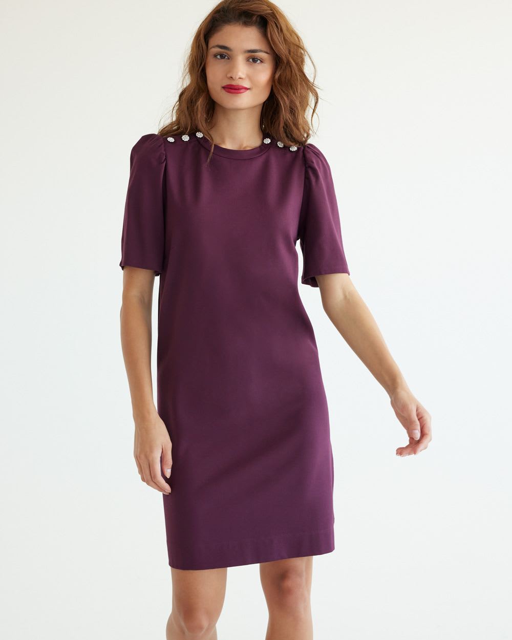 Short-Sleeve Shift Dress with Buttons at Shoulders