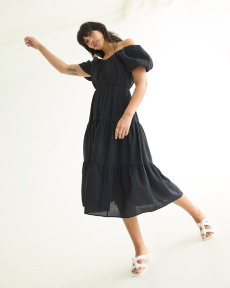 Short-Puffy-Sleeve Tiered Midi Dress