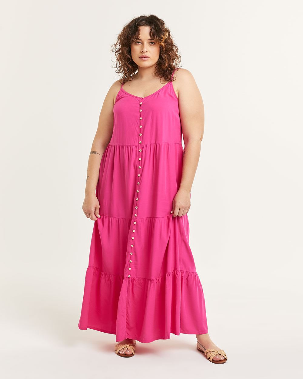 Solid Tiered Maxi Dress With Buttons