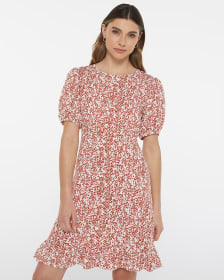 Puff Sleeve Fit & Flare Printed Dress with Ruffles