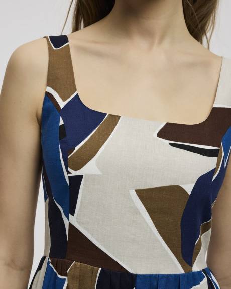 Sleeveless Linen-Blend Midi Dress with Square Neckline