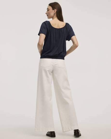 Short-Flutter-Sleeve Open-Neck Buttoned-Down Top