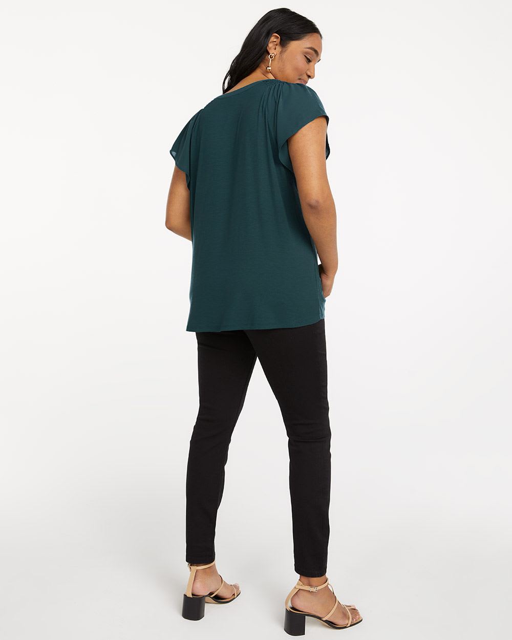 Solid Mixed-Media Split-Neck Blouse with Flutter Sleeves