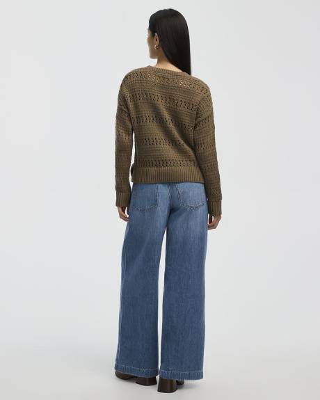 Long-Sleeve Crew-Neck Open-Stitch Pullover