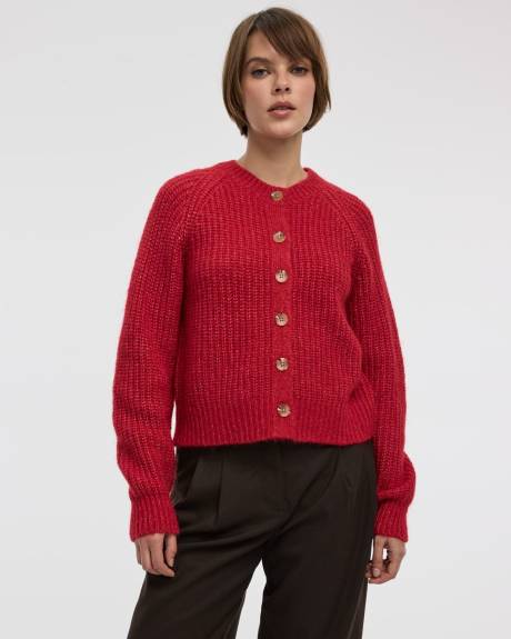 Long-Balloon-Sleeve Crew-Neck Cardigan