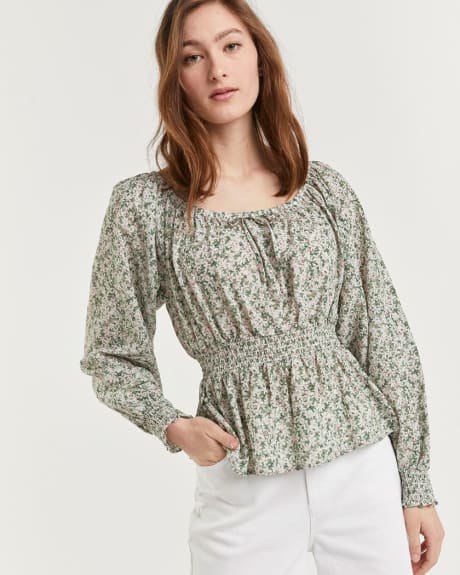 Puff Sleeve Round Neck Smocked Printed Blouse