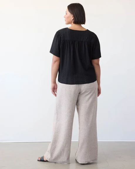 Short-Flutter-Sleeve Buttoned-Down Tee with Self-Tie at Hem
