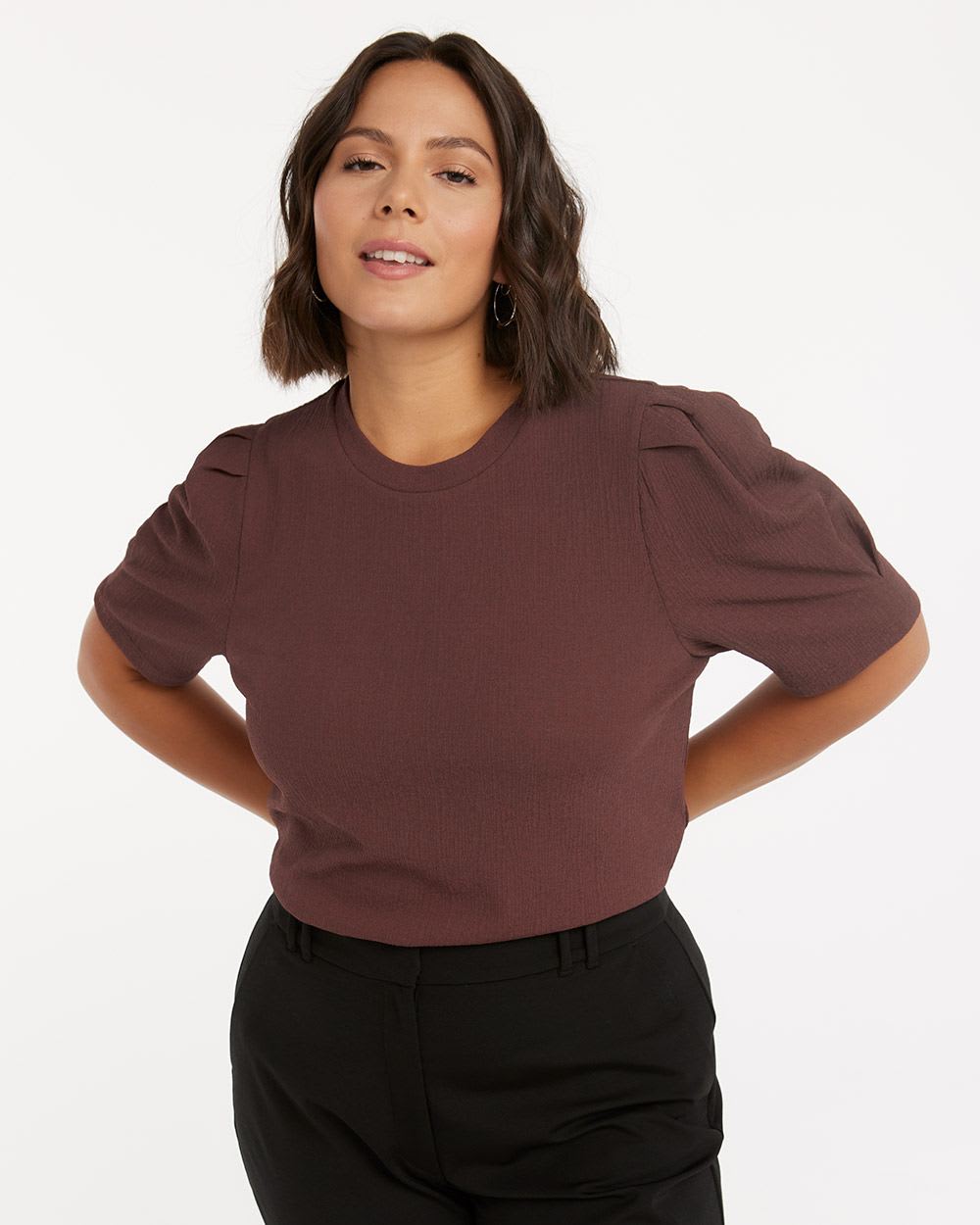 Textured Crew-Neck Top with Puffy Elbow Sleeves