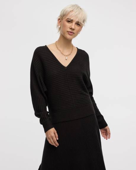 Long-Dolman-Sleeve V-Neck Ribbed Pullover
