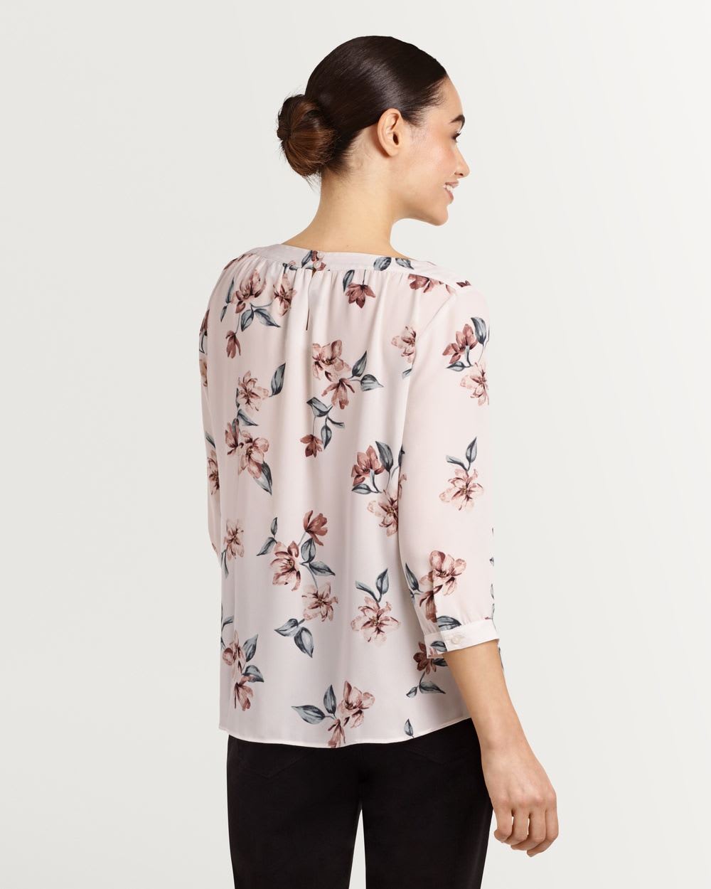 3/4 Sleeve Boat Neck with Band & Shirring Printed Blouse