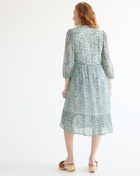 Long-Sleeve V-Neck Tiered Midi Dress