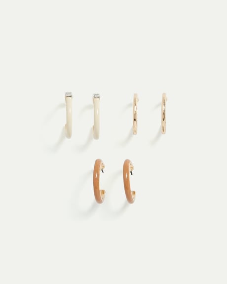Enamel and Stone Hoop Earrings - Set of 3
