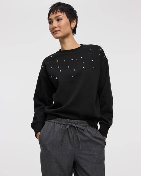 Long-Sleeve Crew-Neck Fleece Sweatshirt with Rhinestones