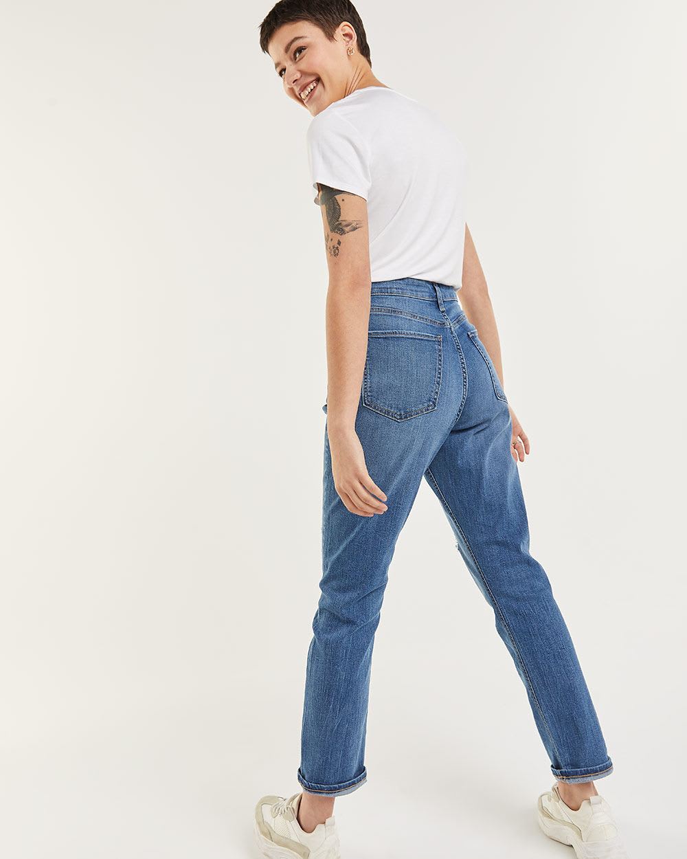 Medium Wash High Rise Boyfriend Jeans - Petite
