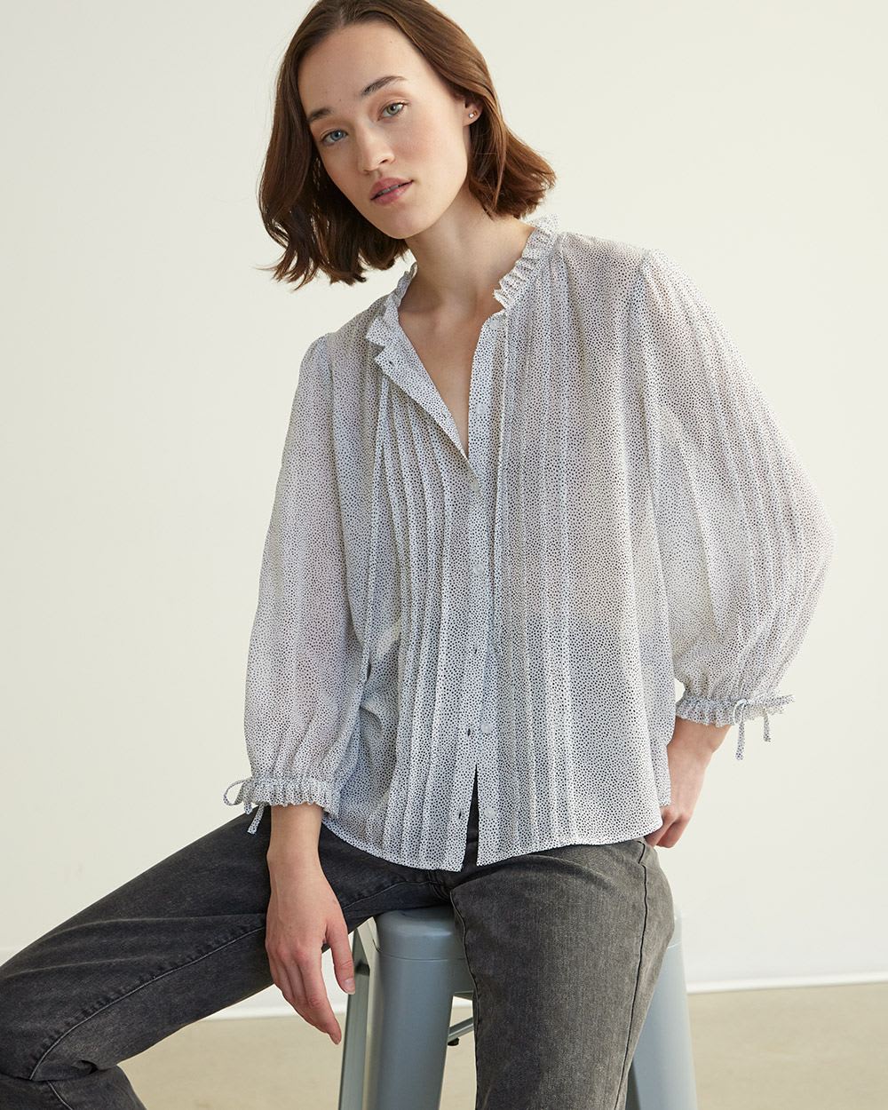 3/4 Sleeve Blouse with Ruffled Neckline