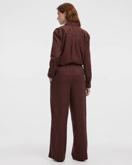 Pantalon en mélange de lin à jambe large et taille haute - Petite
