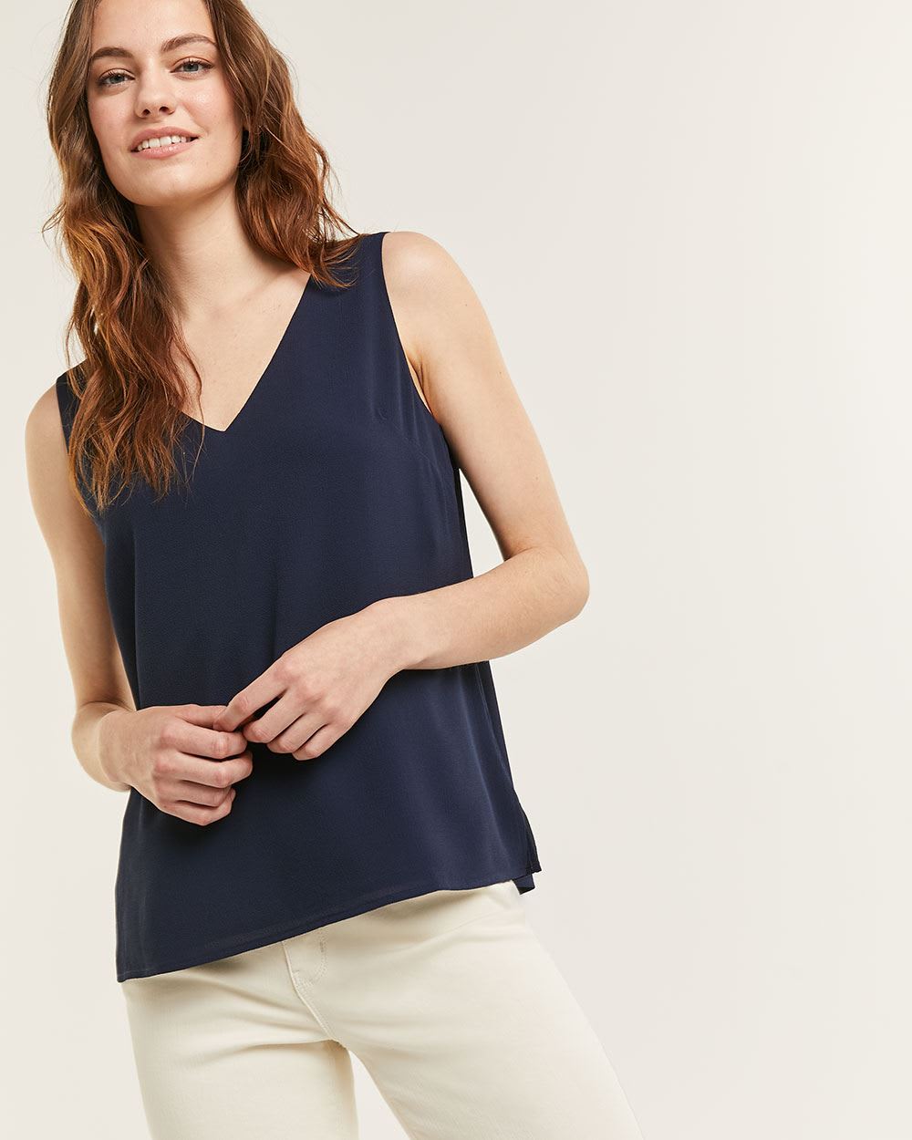 Double V-Neck Solid Blouse With Buttons