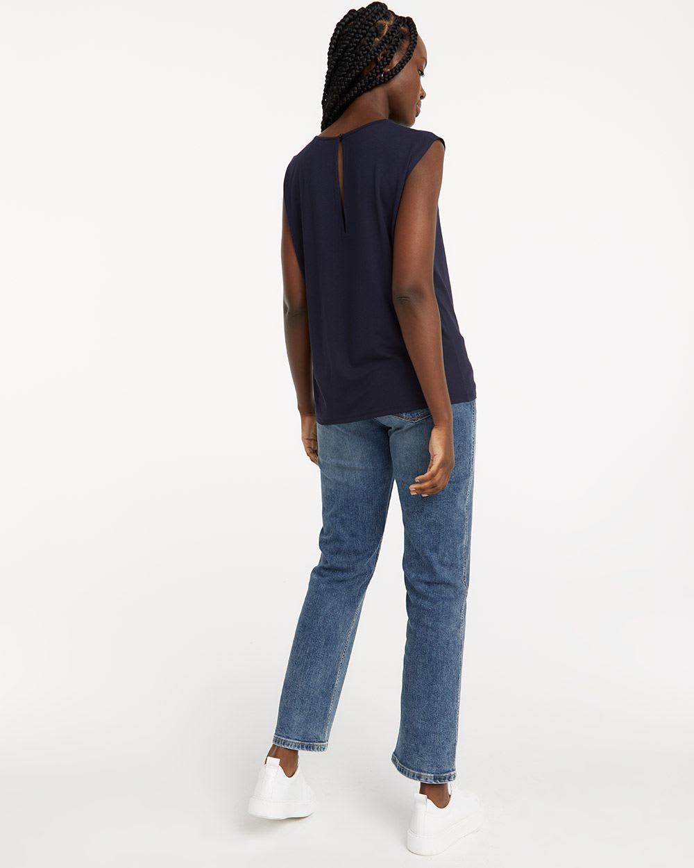 Solid Top with Shirred Crew Neckline