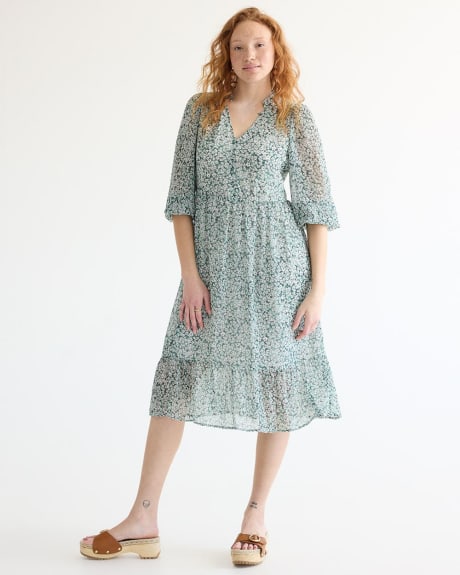 Long-Sleeve V-Neck Tiered Midi Dress