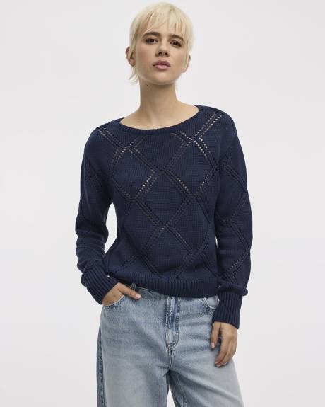 Long-Sleeve Boat-Neck Pullover with Open-Stitch Pattern