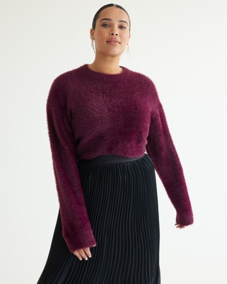 Long-Sleeve Crew-Neck Feather-Yarn Knit Sweater