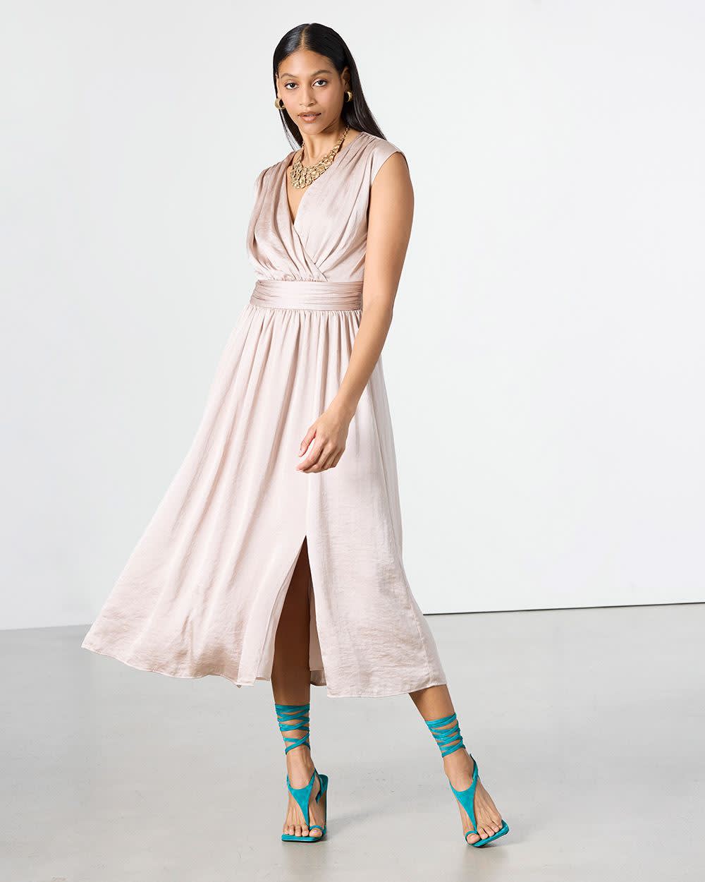 Extended-Sleeve Maxi Dress with Wrap V Neckline