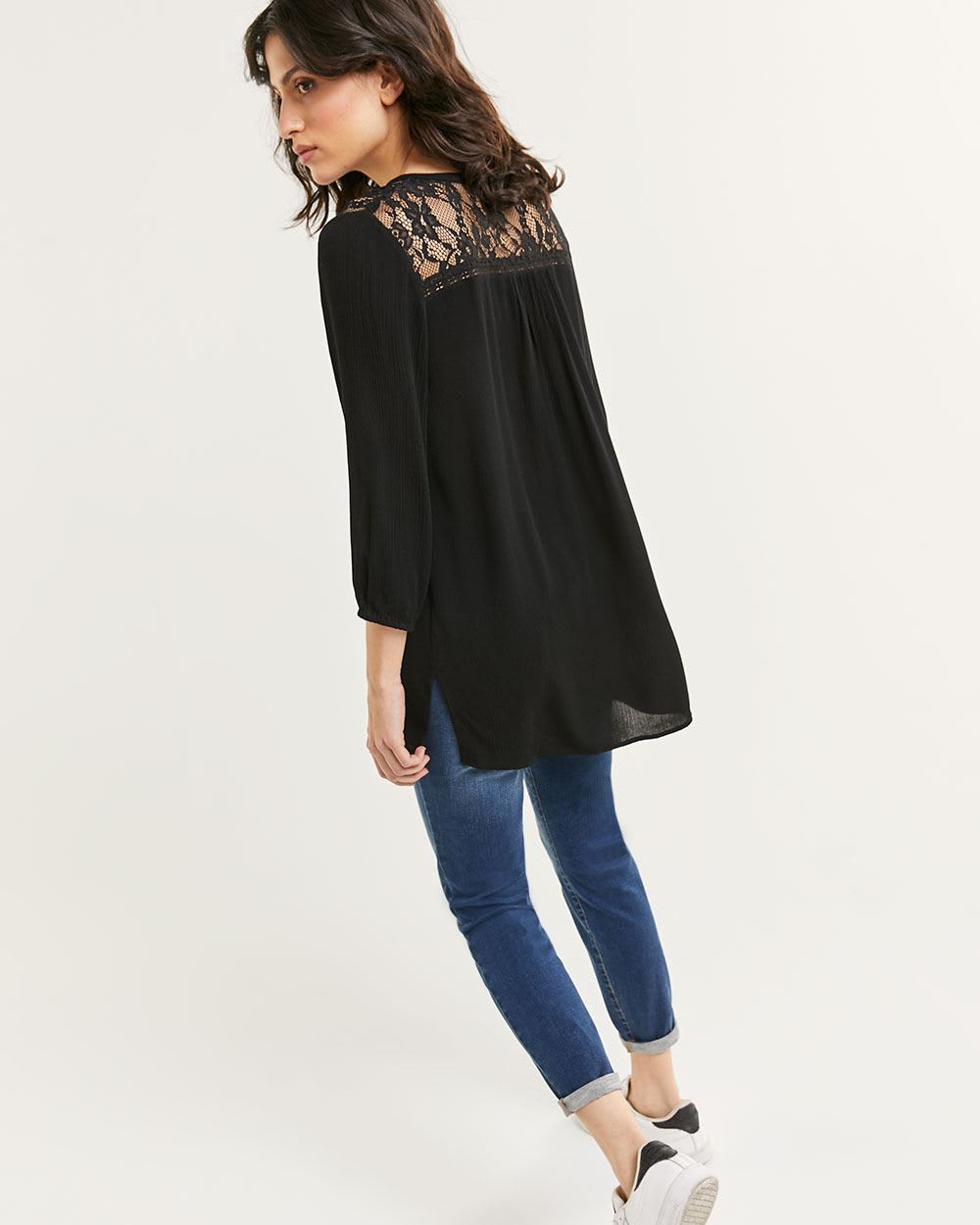3/4 Sleeve Split Neck Tunic with Lace Inserts