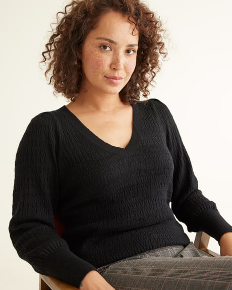 Long Balloon-Sleeve Textured Sweater