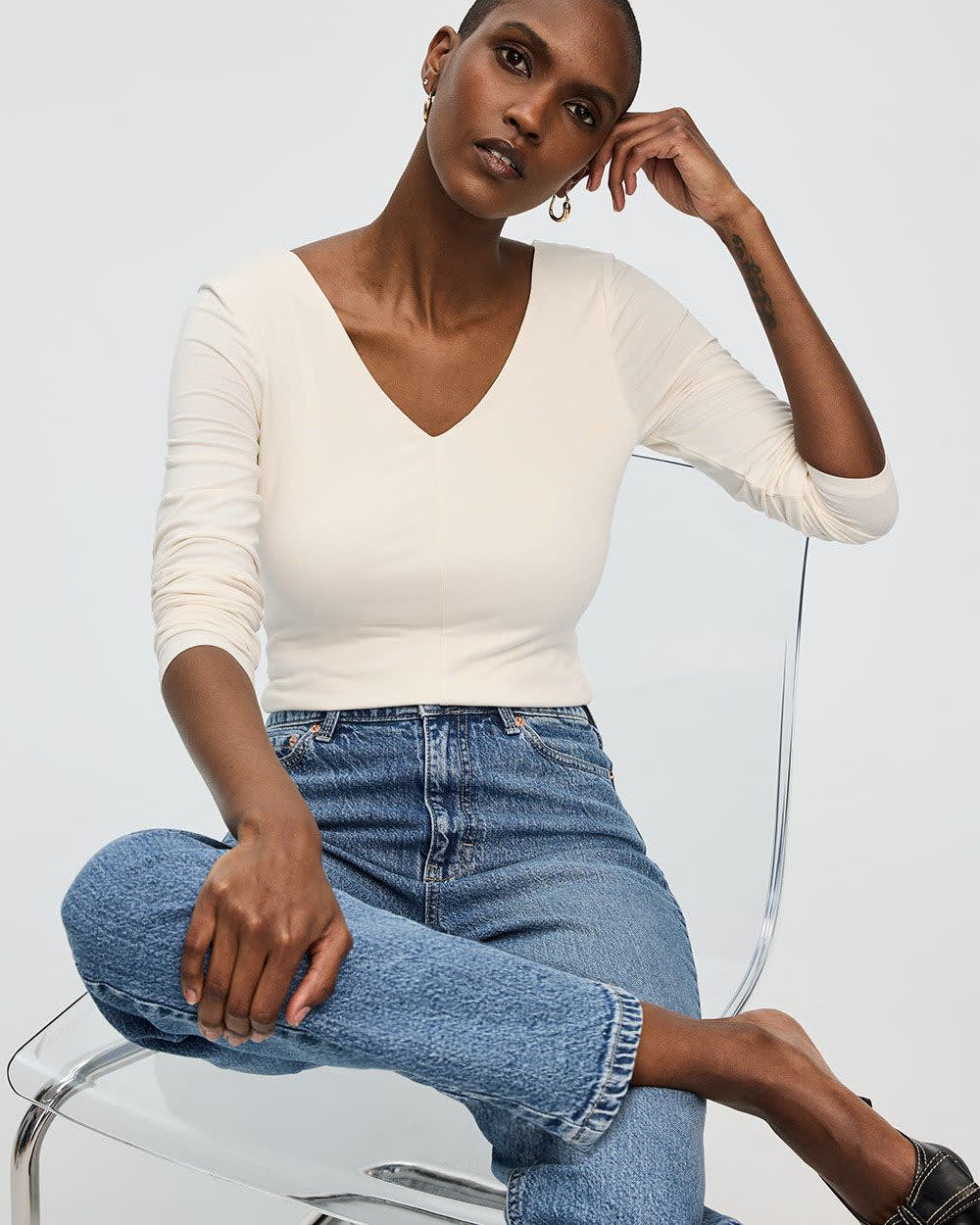 Long-Sleeve Top with V Neckline at Front and Back