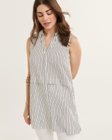 Shirt Collar Striped Tunic With Buttons