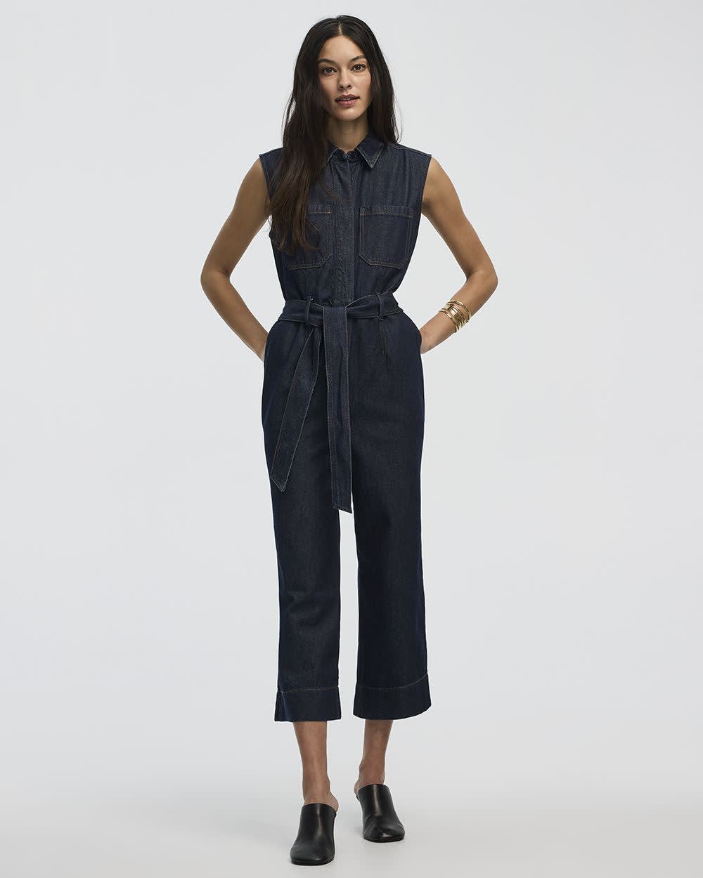 Straight-Leg Sleeveless Denim Jumpsuit