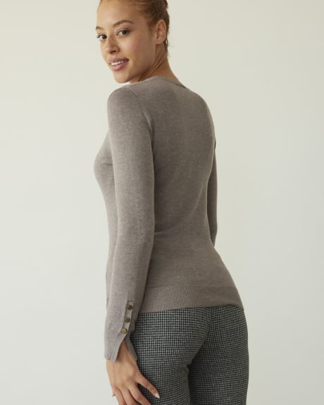 Long-Sleeve Crew-Neck Sweater with Buttons at Cuffs