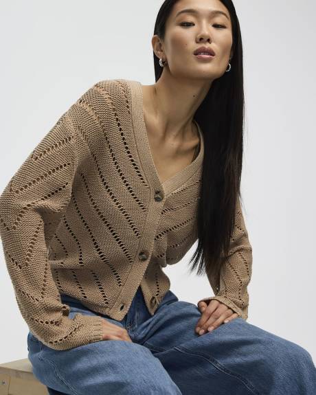 Long-Sleeve V-Neck Cardigan with Pointelle Stitches