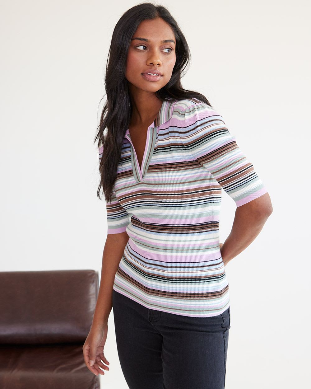 Short-Sleeve Pullover with Johnny Collar
