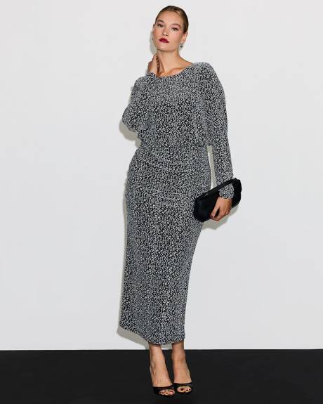 Long-Sleeve Midi Dress with Metallic Leopard Print