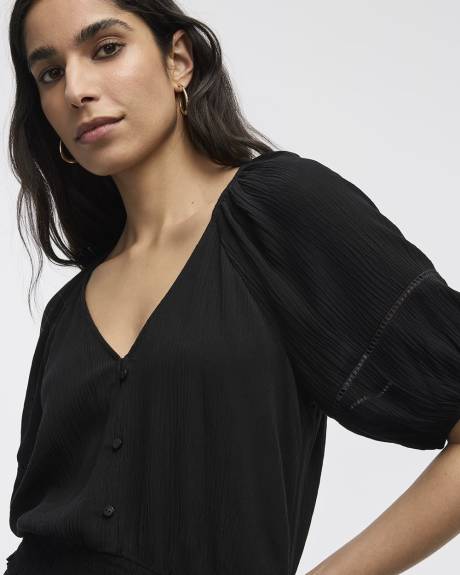 Short-Puffy-Sleeve Top with V Neckline