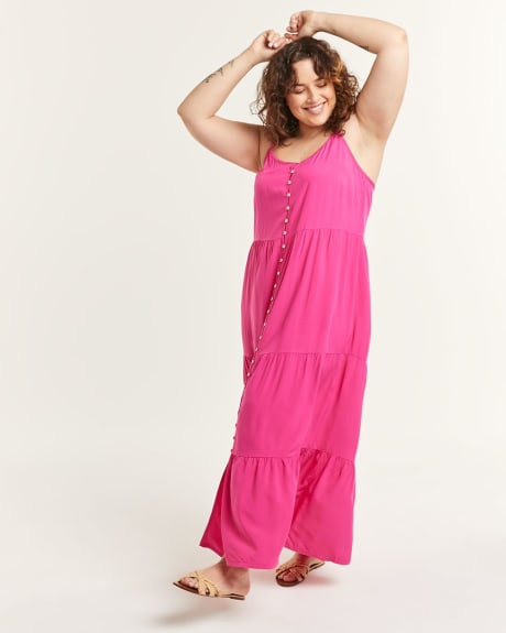 Solid Tiered Maxi Dress With Buttons