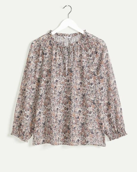 3/4 Sleeve Split Neck with Shirring Details Printed Blouse - Petite