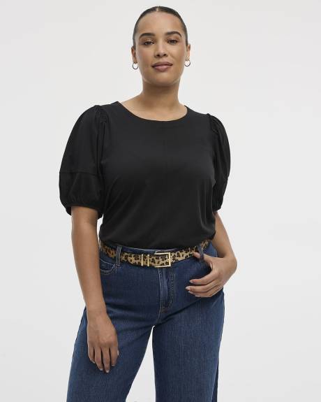 Puffy-Elbow-Sleeve Crew-Neck Top